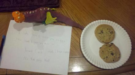 Ginger's caption: "Caid's letter with cookies, milk and a dragon: To Santa Santa, I want you to see this dragon I hope you like it. And I have cookies Love Caid No Bad guys aloud!"